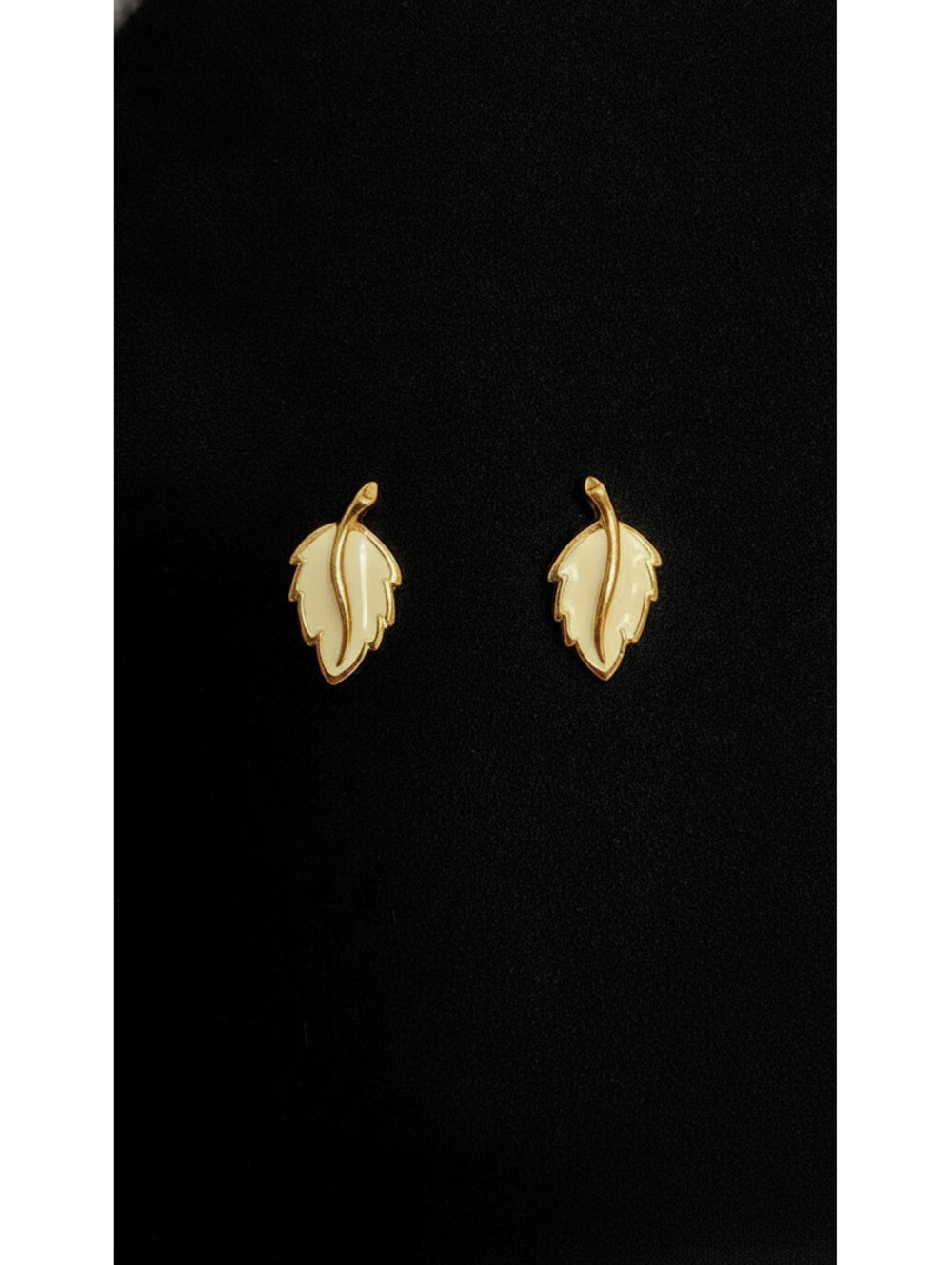 Vintage Monet Gold Tone Cream Enamel Leaf Pierced Earrings